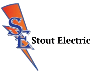 A green background with the words stout electric in blue and orange.